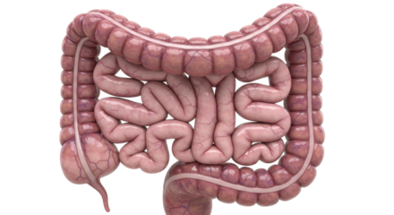 Isolated human intestine, digestive system diagram, anatomical colon medical illustration