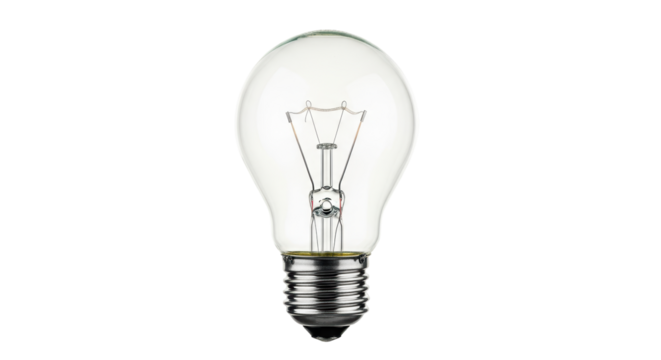 Isolated lightbulb glows with potential, classic electric screw base, transparent glass