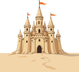 Detailed Vector Illustration of Fantasy Sandcastle with Towers and Flags, Golden Sand, Easy-Tracing Line Art