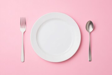 Minimalist image of an empty white plate with fork and spoon on a vibrant pink background, ideal for food and nutrition concepts