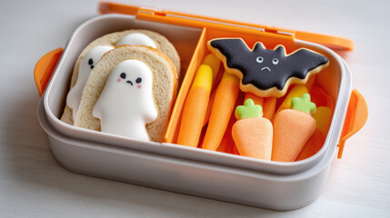 Halloween themed kids lunchbox with ghost sandwich, carrot sticks and bat cookie, creative festive snack idea on white table