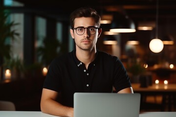 Young businessman sitting at desk working late at night in cozy office using laptop