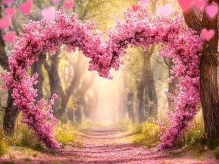 Heart-shaped archway of pink cherry blossoms