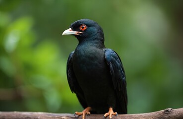 Male Asian Koel perched on branch. Close-up portrait shows vibrant orange eye, dark iridescent plumage, sharp beak. Bird, native to Asia, thrives in jungle environments. Beauty captivates