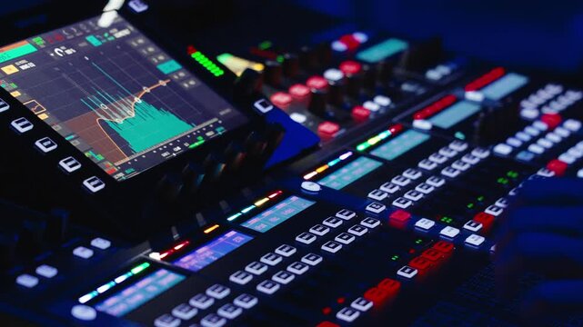 Sound engineer carefully tweaking digital mixing board controls, balancing audio levels for dynamic christian worship service performance