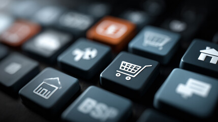 Close-up of e-commerce icons on a keyboard shopping
