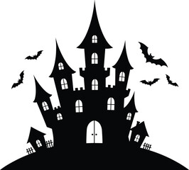 Silhouette haunted castle with multiple towers, bats flying, spooky night scene, eerie Halloween vector, dark creepy haunted mansion illustration