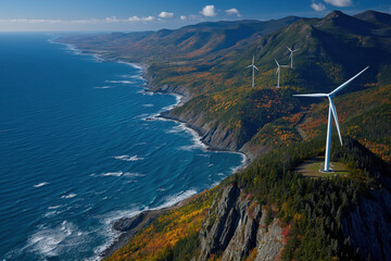 Éoliennes en bord de mer, production d’énergie verte et renouvelable, paysages côtiers avec vent et océan, transition écologique et développement durable