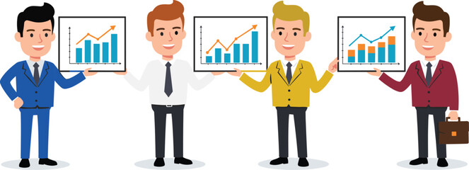 Businessman cartoon character presenting growth charts with laptop, tablet, and briefcase, showing data analysis, marketing strategy