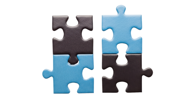 Isolated puzzle pieces with a gray and blue color scheme assembled in two stacks