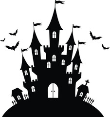 Silhouette haunted castle with tall towers, flying bats around, spooky Halloween night, eerie dark mansion, creepy Halloween vector illustration