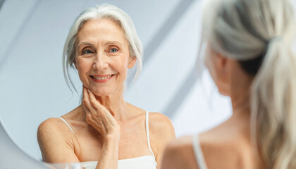 Mature woman with elegant silver hair smiling confidently at her reflection