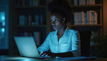 Determined young African woman works late in dark modern office, glowing laptop screen illuminating face. Focused worker uses computer at minimalist workspace. Dedication, ambition, career, late
