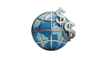 Isolated global business and currency trading concept with a stylized globe and dollar signs