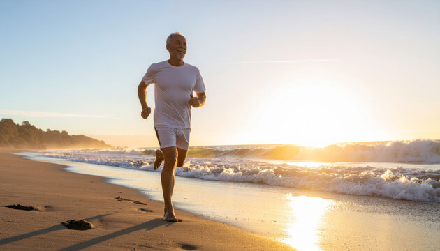 Motivational senior man running along beach at sunrise. Active fitness lifestyle
