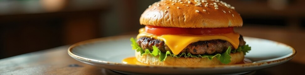 Crispy fried bao bun topped with juicy burger patty and melted cheese on a elegant plate , melted cheese, burger patty, gourmet food