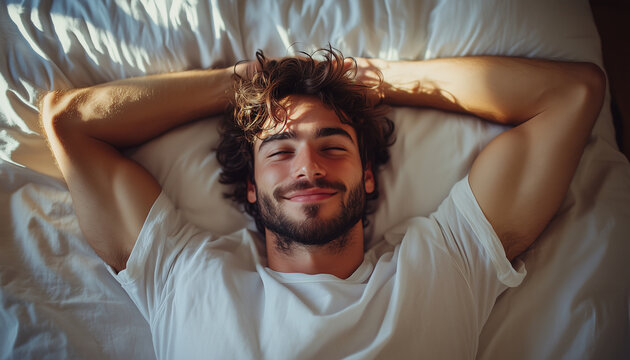 Man relaxing in bed with hands behind his head