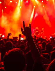 Crowd at a concert, raised hand, vibrant stage lights