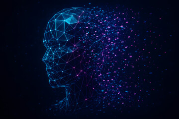 Futuristic digital head made of particles and glowing points, symbolizing AI, data processing, neural networks and abstract artificial intelligence concepts