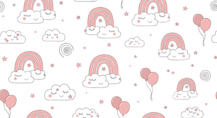 Whimsical pink rainbows and fluffy clouds with delicate star patterns and soft balloons on a clean white background.