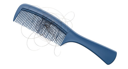 Isolated dark blue hair comb with lost hair trapped in the teeth, hair loss concept