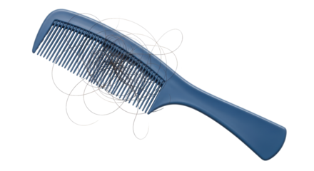Isolated dark blue hair comb with lost hair trapped in the teeth, hair loss concept