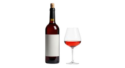 Isolated bottle of red wine with blank label and full glass of wine on neutral studio background