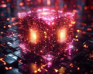 A glowing neon cube structure representing a futuristic quantum processor