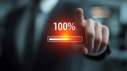 Person's Finger Touching a Digital Screen with a 100% Full Progress Loading Bar