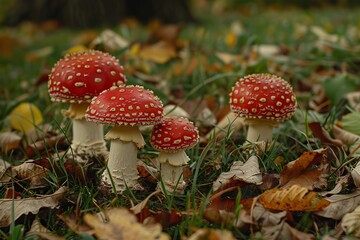 Red and white fly agaric mushrooms growing among fallen leaves and grass in autumn