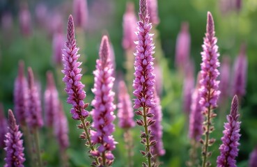 Obraz premium Close-up of blooming purple loosestrife flowers, Lythrum salicaria, in garden. Delicate pinkish-purple inflorescences on green stems under daylight. Selective focus on vertical flower spikes, summer