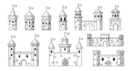 Collection of medieval castle towers and fortifications featuring battlements and flags.