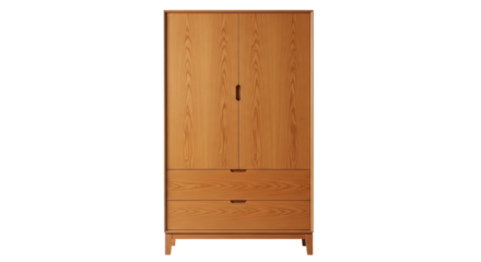 Isolated wooden wardrobe with two doors and three drawers for clothing storage furniture