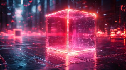 A luminous transparent cube radiates vibrant pink and blue neon light on a dark abstract digital surface with bokeh