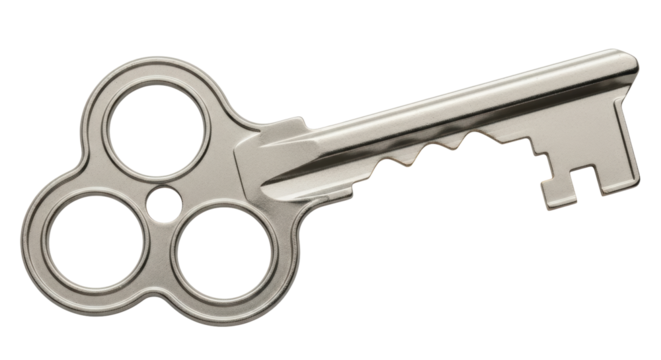 Isolated ornate skeleton key with large ornate bow, locksmithing, home security, safe key