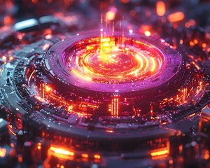 Futuristic quantum processor with a glowing neon energy core representing advanced technology and scientific innovation