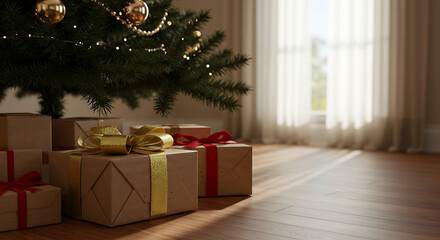 Gifts under a Christmas tree decorated with toys