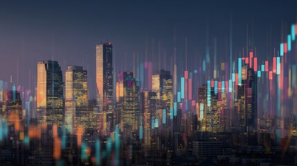 Night city stock market, global business growth, futuristic financial technology, urban data analytics.