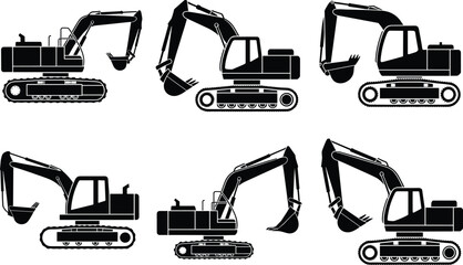 Excavator silhouettes, vector construction machine icons, heavy equipment clipart set
