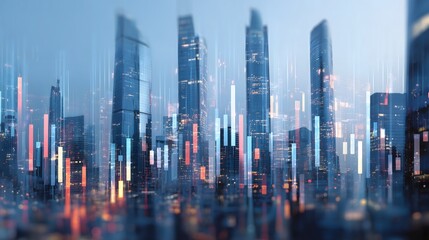 Global financial stock market, modern cityscape business, digital trading data analysis, urban economy growth.