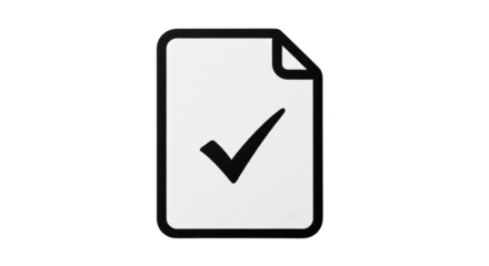 Isolated document icon representing task completed, checkmark in paper, black on grey