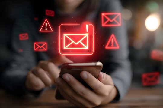 Phone scam alert, digital mail hacking, online phishing security threat, dangerous email notification. - Powered by Adobe