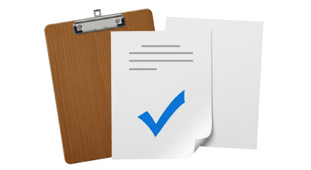 Isolated checked document on a wooden clipboard implying approval or completion of a task