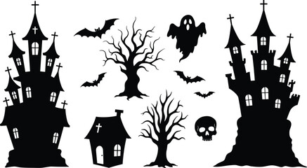 Spooky Halloween haunted houses, creepy trees, flying bats, ghost, skull, and eerie cemetery elements vector illustration for Halloween