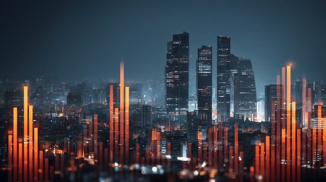 Night city financial growth, business trading data analysis, urban technology skyline, global investment chart.