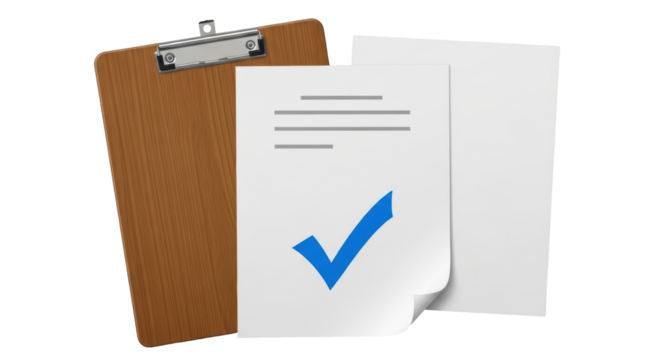 Isolated checked document on a wooden clipboard implying approval or completion of a task