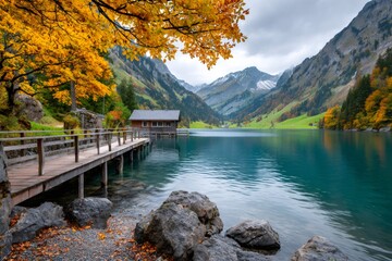Wooden pier stretching into a serene alpine lake in autumn
