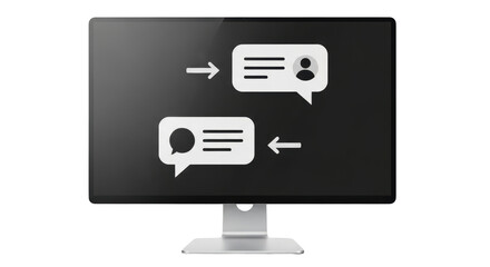 Isolated monitor displaying messaging conversation interaction with arrow, speech bubble icon