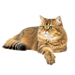 Fototapeta premium Golden british shorthair cat lying down with green eyes isolated on white isolated on transparent background