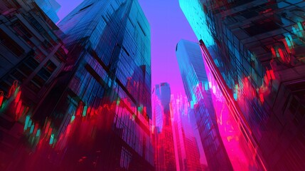 Neon city financial graph, digital data trading, modern business architecture, urban cityscape stock market.